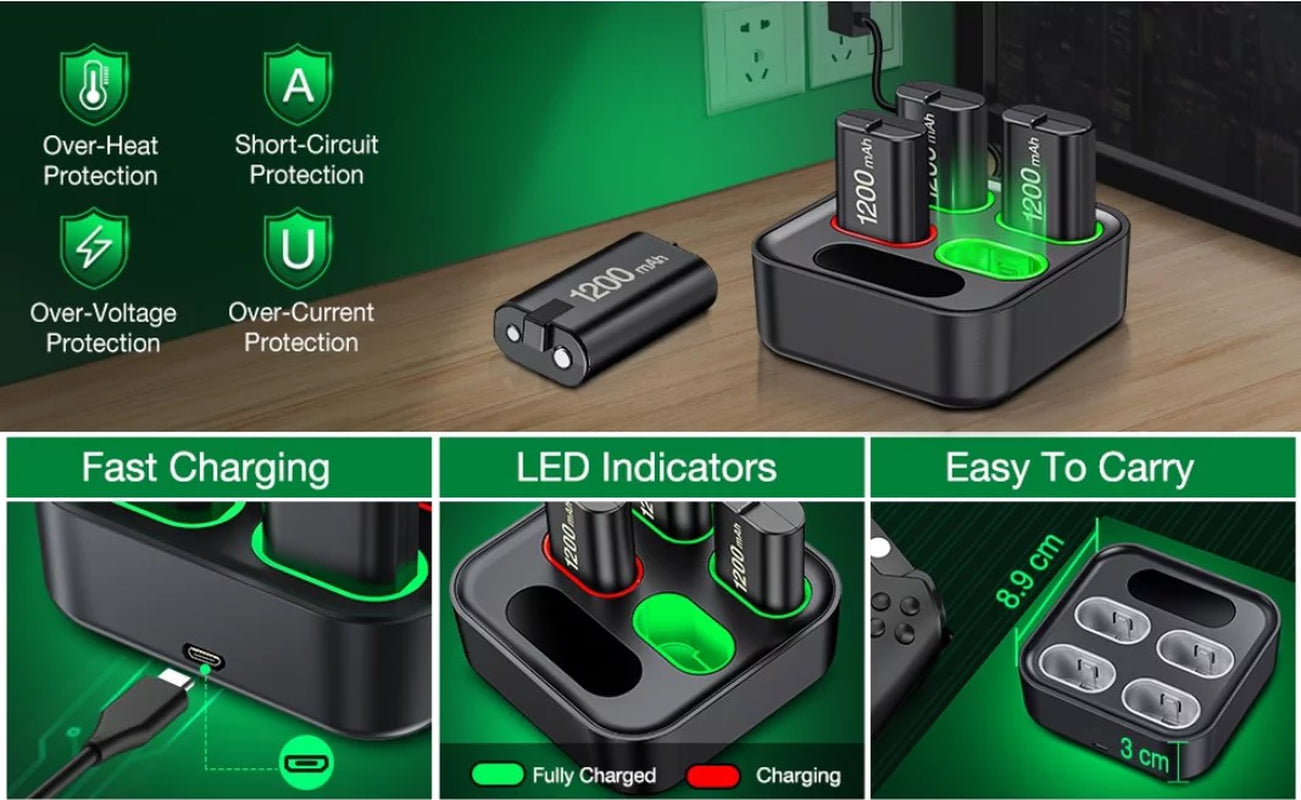 Xbox Controller Battery Pack and Charger, 4 X 1200 Mah(2800Mwh), Black