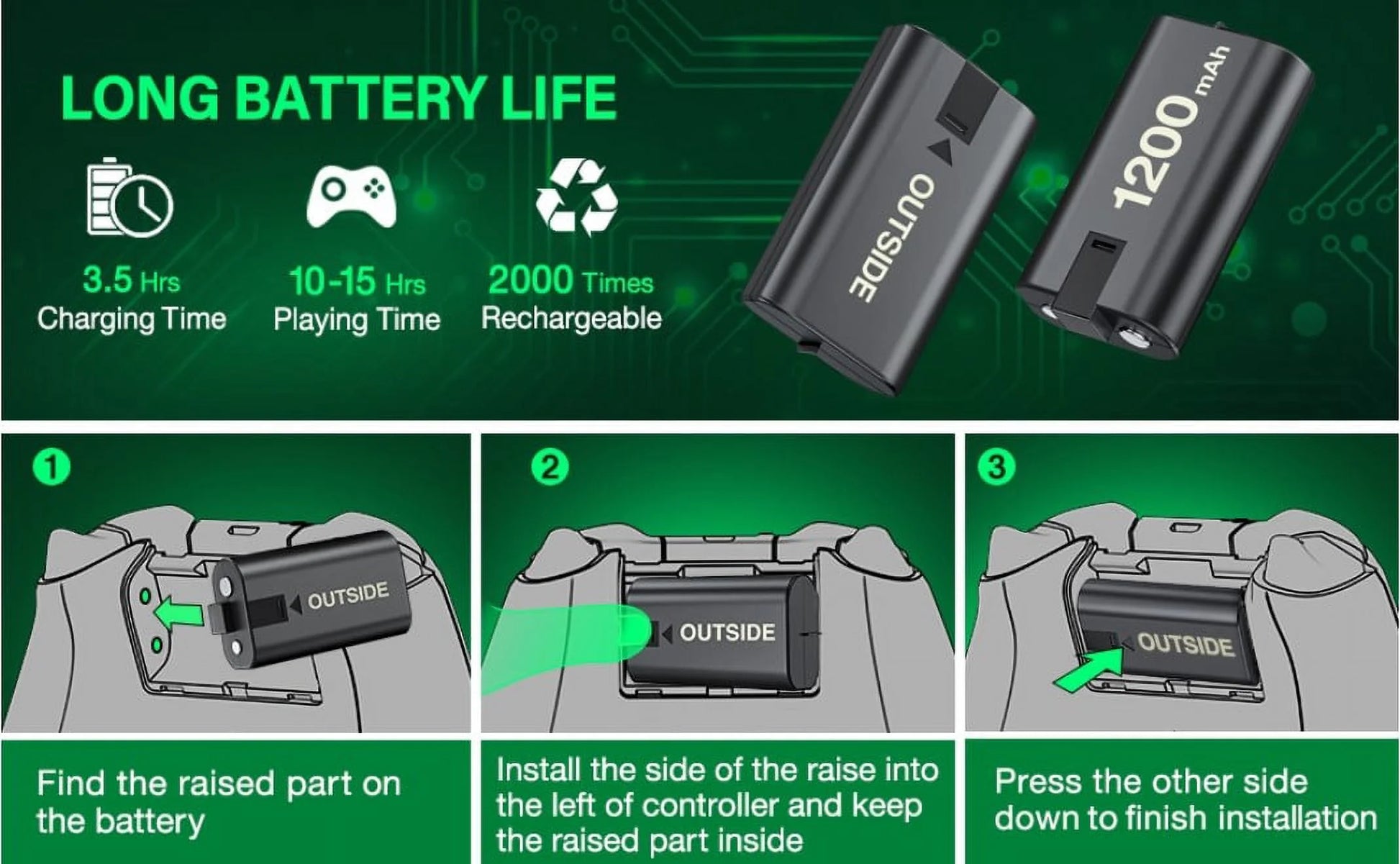 Xbox Controller Battery Pack and Charger, 4 X 1200 Mah(2800Mwh), Black